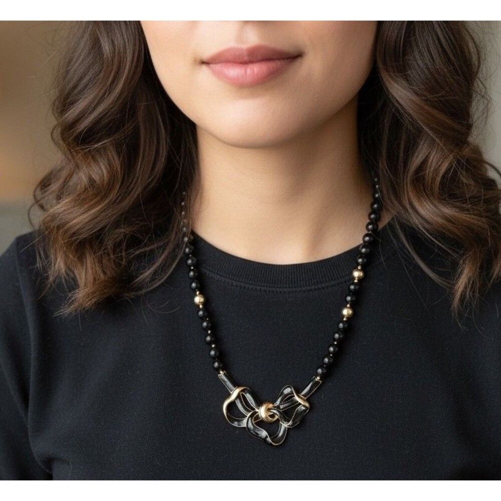Vintage Black Gold Beaded Necklace Statement Bow Design 18” Elegant Chic